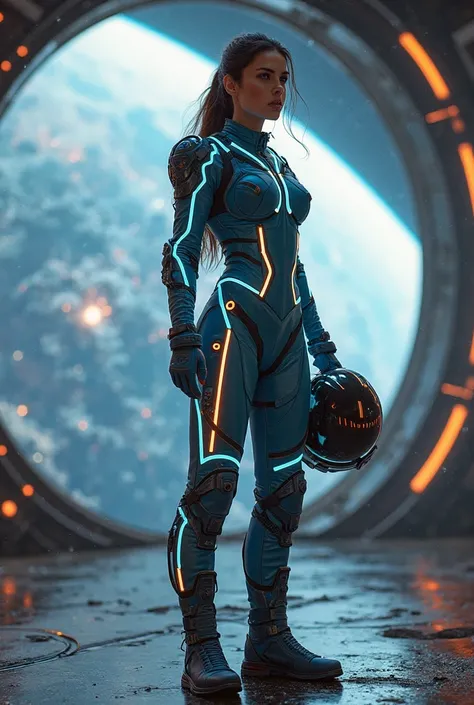 "A stunning female space pilot in a futuristic flight suit, standing on a spaceship hangar with Earth visible through a massive window behind her. Her suit has glowing neon lines, and she holds a sleek astronaut helmet under her arm. The vibe is sci-fi adv...