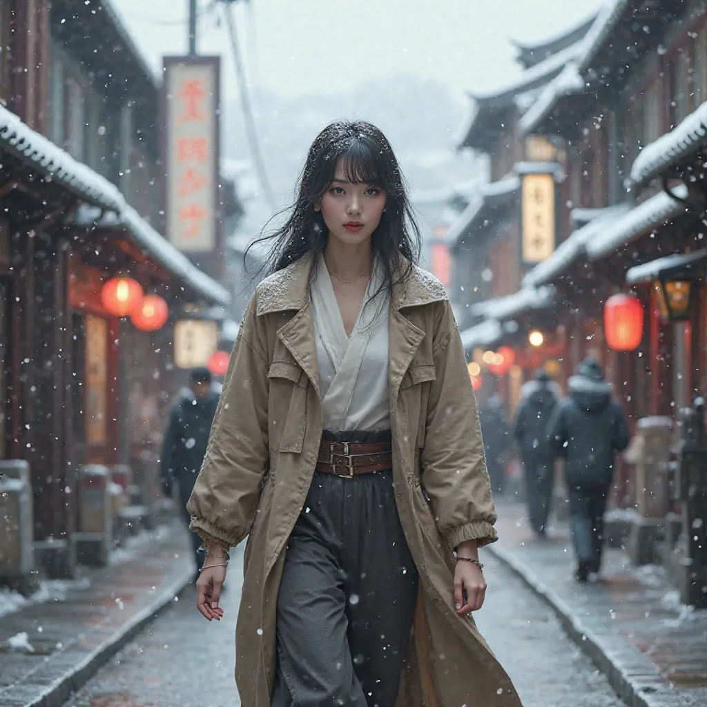 This woman is walking through the Japanese city in winter。Her outfit is for a woman in her 20s with a bit of sex appeal。Try not to change her face。