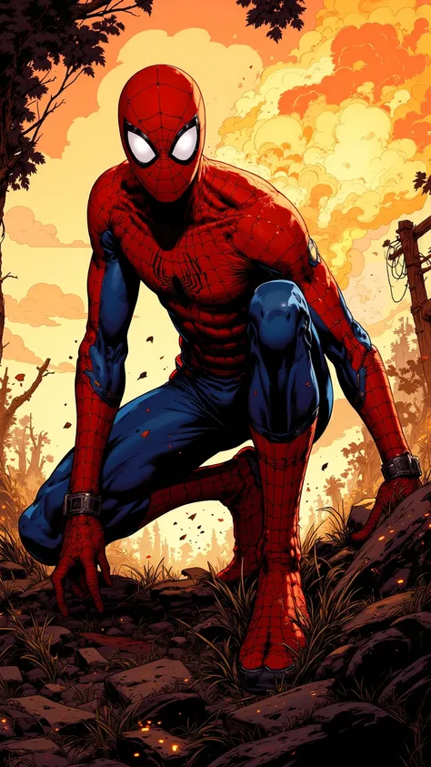 Illustration of Spider-Man landing in the wilderness, Put one knee on the ground、Support it with one hand、the shape where the other leg stands up,(Superhero Landing),express strength and tension,camera gaze creates confidence and determination with fire ef...