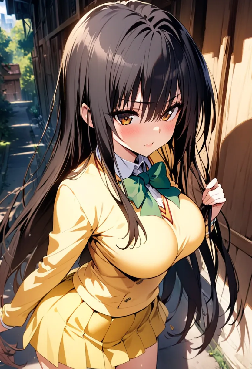 (masterpiece),(best quality),(ultra-detailed),(best illustration),(best shadow),(absurdres),(detailed background),(very aesthetic), ,1girl, kotegawa yui, black hair, long hair, long bangs, brown eyes, large breasts,yellow school uniform, yellow skirt, plea...