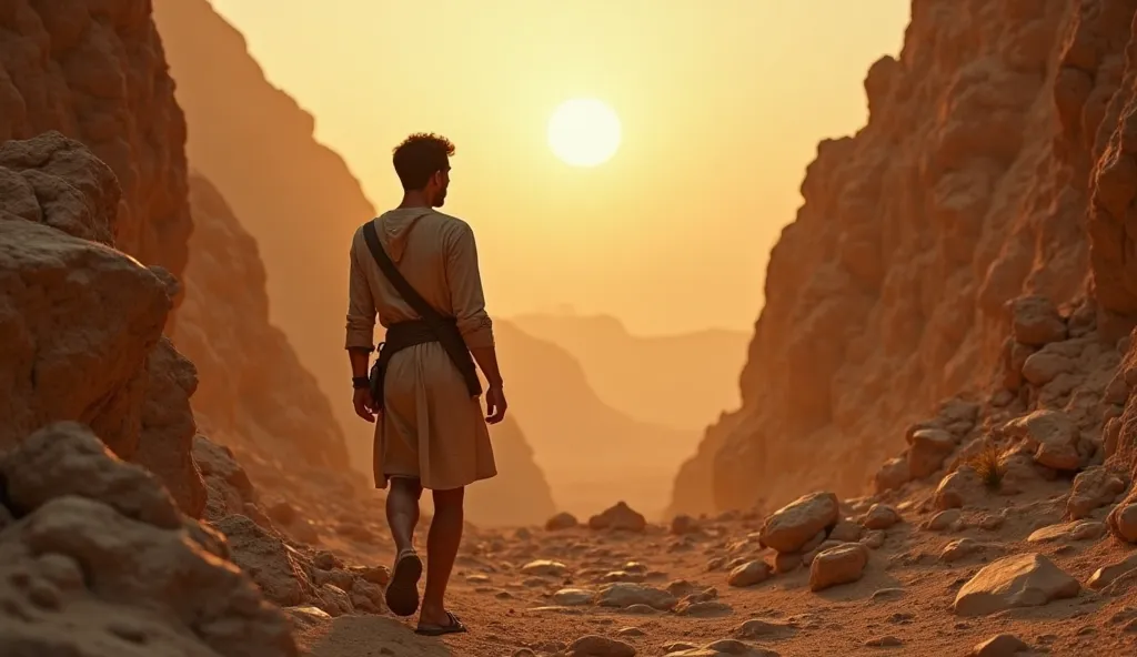 A dawn-shot silhouette of the archaeologist, with olive skin, short dark hair, a trimmed beard, and a light explorer’s tunic, walking through a rocky Egyptian valley. The landscape glows golden with the first sunlight. In the background, partially eroded g...