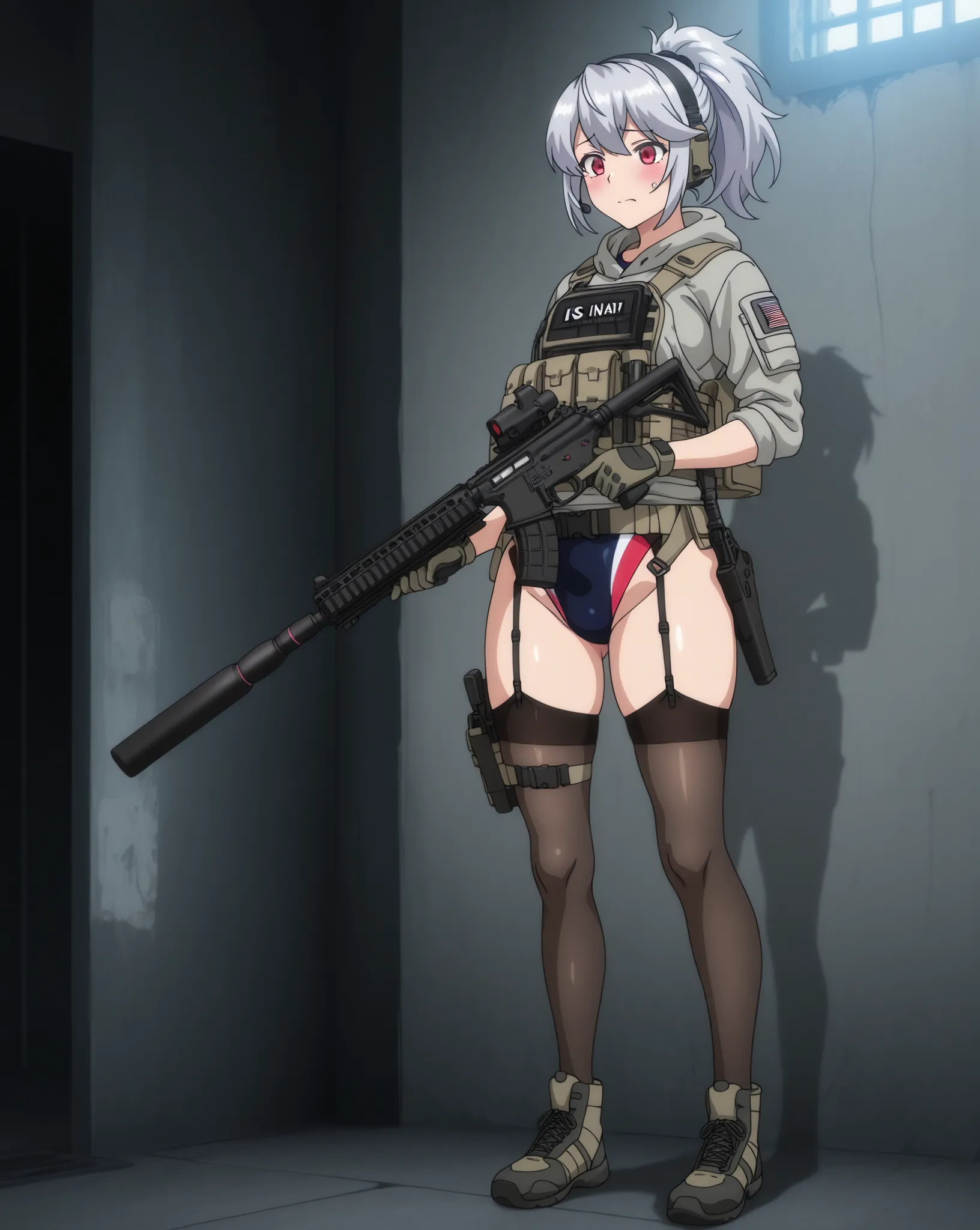 A tactical anime-style adult female soldier wearing tactical gear with a fleshy, glamorous figure。 with short silver hair tied in a ponytail with a navy hair band 、 red eyes。 shy expression。Wear black tactical armor only on a high-leg competitive swimsuit ...