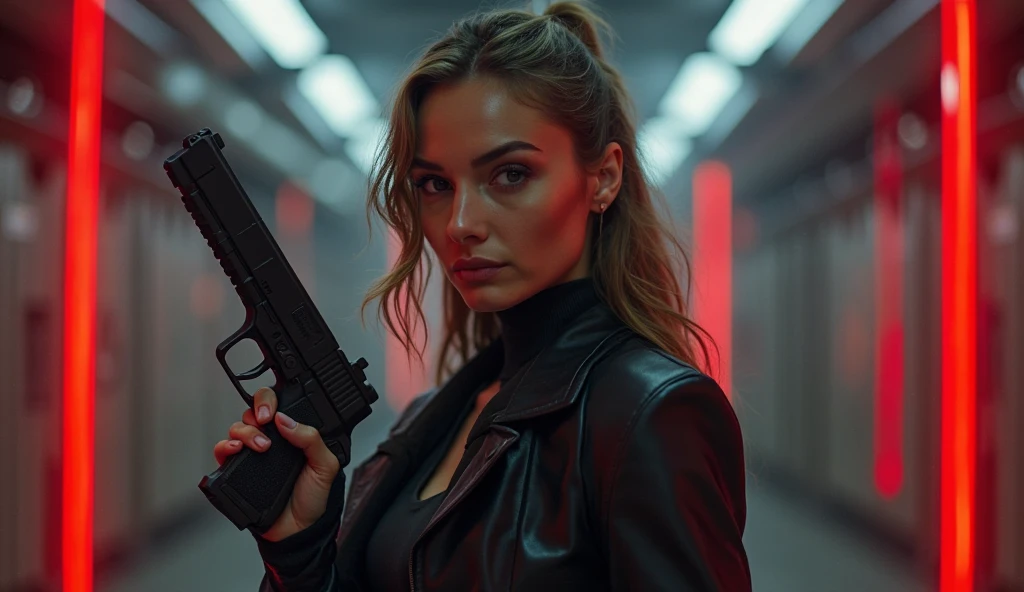 "A female secret agent with a sleek black tactical suit, holding a silenced pistol. She stands in a high-tech secret facility with red laser security beams around her. Her expression is sharp and fearless, exuding the energy of a top-tier spy on a mission....