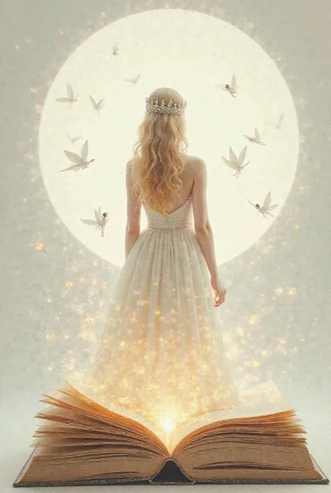 Surrealism,double exposure,macrocosm,an open book,light from a book, a blonde goddess comes out of a book, a long white dress with a scent, a wide belt, a tiara on her head. I see little fairies in the circle, shimmering,glare,detailed drawing, white backg...