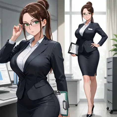 A stern and attractive brunette woman. She is dressed in very tight office attire. ((Ponytail/bun)). ((Glasses)) (big breasts), (green eyes) (tall) heels, holding a clipboard. ((Office setting)) (detailed eyes) ((stern)) (multiple angles) 