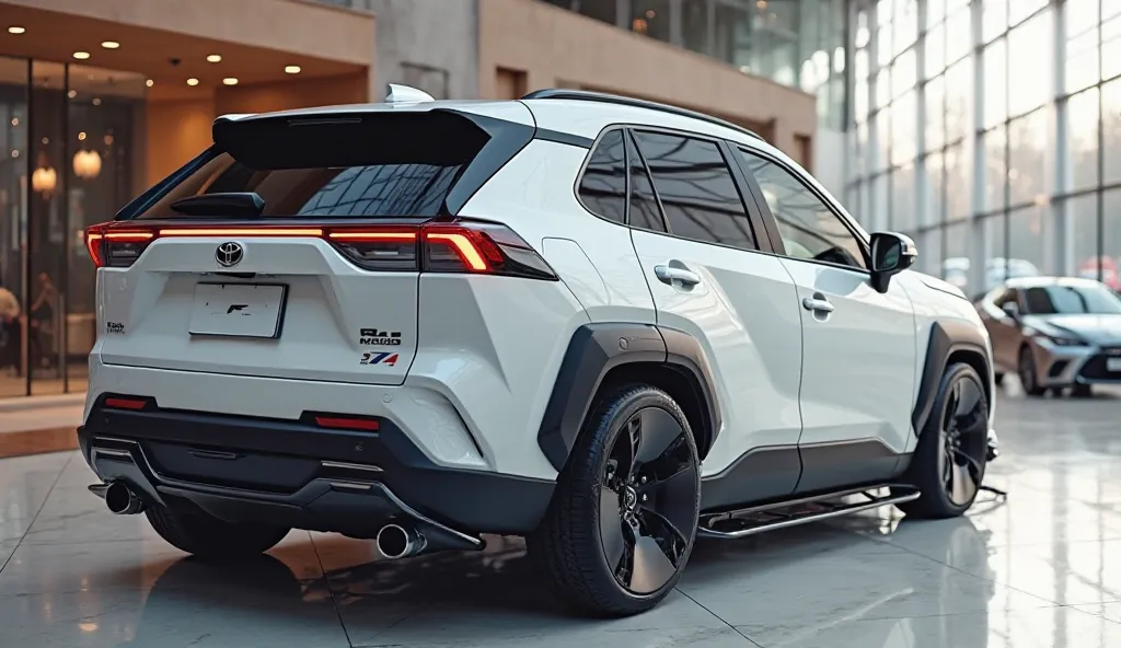 Realistic of futuristic  2025 Toyota RAV4 with modification, good looking, bright silver  white color, back view, parked in luxury showroom
The background features a contemporary showroom setting with polished floors and natural light, enhancing the car's ...