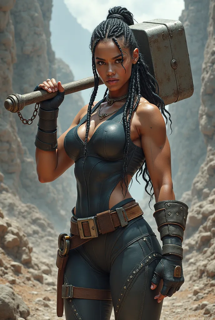 Draw a black  with braided jumpsuit with hair holding a huge hammer in her hands