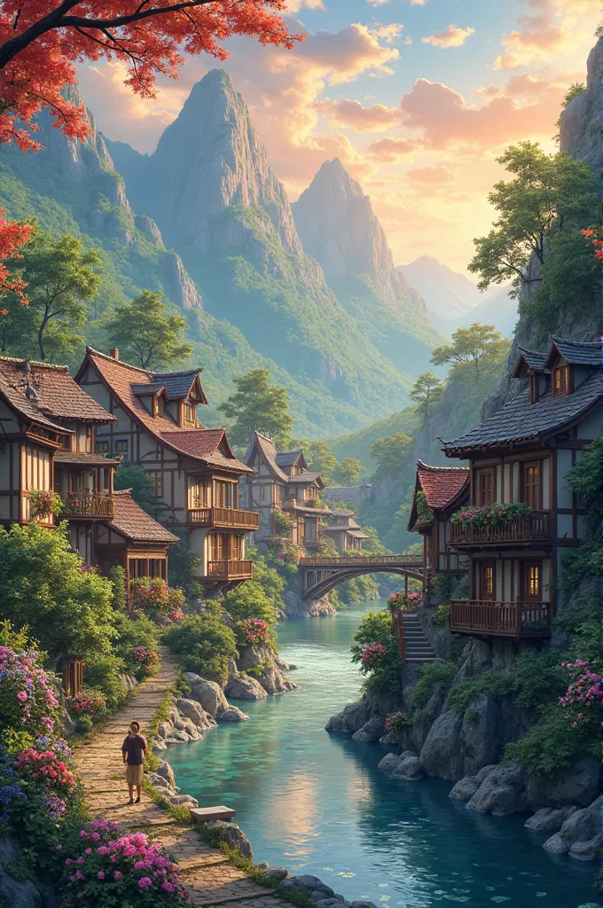  Small village by the river, mountains behind, colorful flowers, detailed landscapes, beautiful natural scenery, atmospheric lighting, scorching sunsets, warm colors, practical photography, detailed leaves, complex buildings, cobbled streets, charming coun...