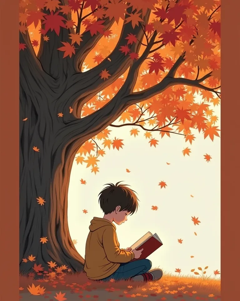 There a maple tree and boy holding a book and from back view ,sitting under and the maples leaves a following. A cover of a book. Camera zoom out. Wide angle shot