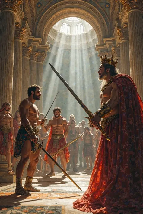 Romulus and Remus kill the king by sword in his palace ,who once ordered to kill them