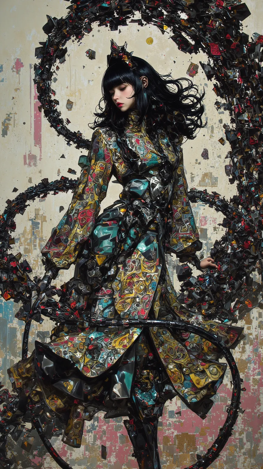  Ashley Wood ， background ， depicting a young woman's surreal anime art {x} showing the abstract body and charming patterns of a dream queen。 as if she were bouncing out of a vortex ，Artwork with parallax effect ， creates a deep hallucinatory effect 。