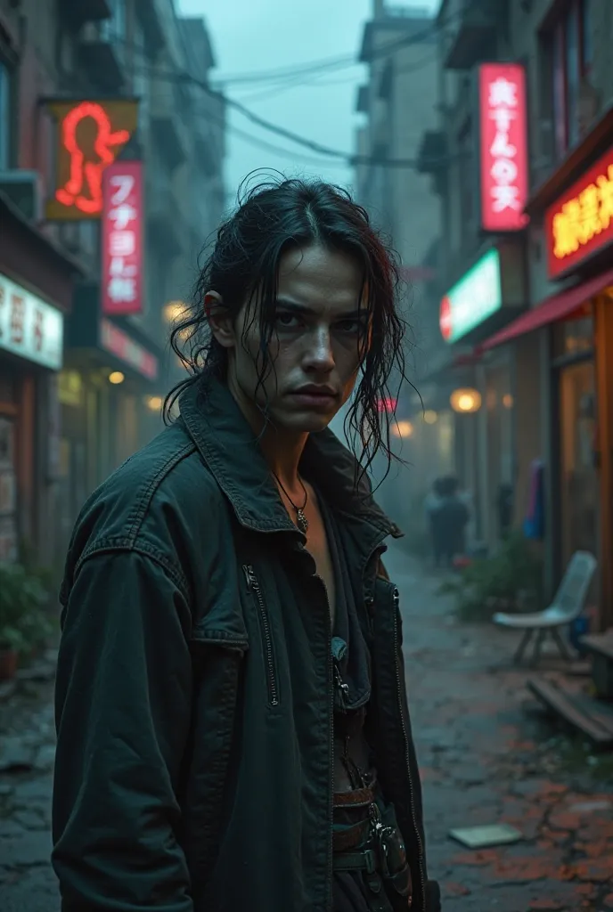 причинно следственная мразь, street font, digital style, dystopian cyberpunk city backdrop, neon lights, dark atmosphere, moody lighting, grungy textures, detailed facial features, intense expression, tattered clothing, dilapidated buildings, cracked pavem...