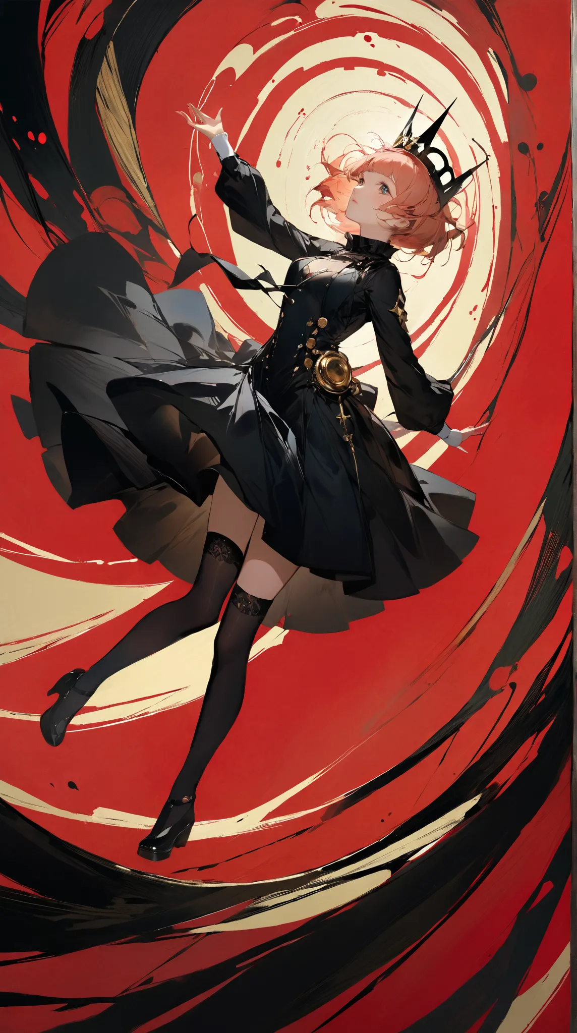  Ashley Wood ， background ， depicting a young woman's surreal anime art {x} showing the abstract body and charming patterns of a dream queen。 as if she were bouncing out of a vortex ，Artwork with parallax effect ， creates a deep hallucinatory effect 。