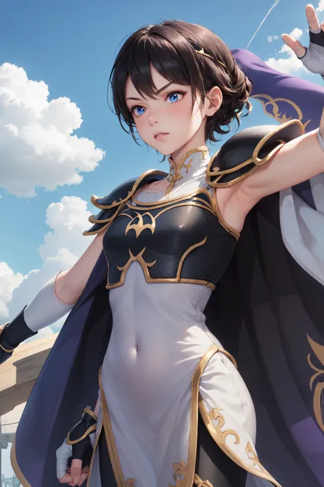 masterpiece, Best Quality, , armor, circlet,  purple cape, fingerless gloves,  white dress,  Black Leggings, Upper body, standing, cloud, blue sky, Watching the audience, serious,  from behind  ，Exposed armpits，Flat chest，Arm cap 