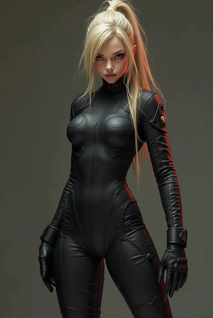 An evil and terrifying special forces unit. If You look closely, You&#39;will see, that she has a cute face and a sexy outfit, blonde, seductive pose, angry look, red eyes, tight dark tactical jumpsuit, the refined waist , the girl's hair is gathered in a ...