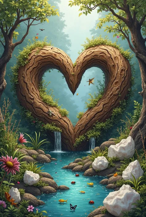 Logo with the letters M and W merged in the shape of a heart made of trunks with the letters W and M, with a river with fish in the background a lot of nature ladybugs butterflies insects birds and minerals made of white quartz and rocks 