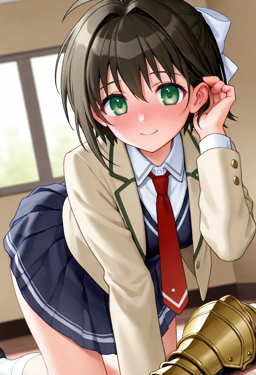 Kohinata Miki, 1 female, solo, looking at viewer, blushing, smiling, short hair, shirt, brown hair, green eyes, jacket, school uniform, hair ribbon, hair bow, pleated skirt, indoors, tucking up clothes, Dutch angle, kneeling, tucking up skirt, red tie, tuc...