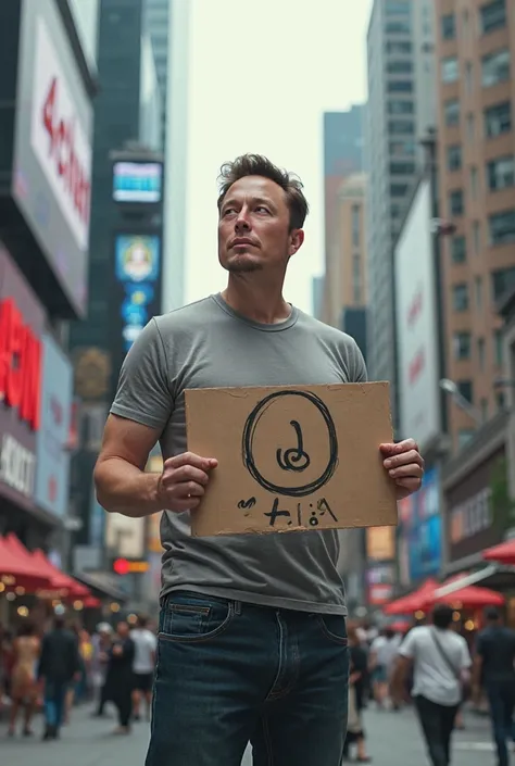 Elon Musk standing in front of a building in the city with the words 4Chan and him holding a sign that reads Q and 4chan