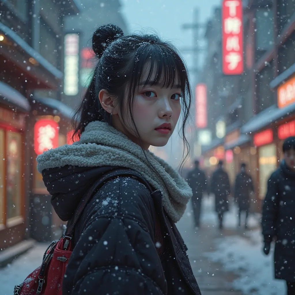 This woman is walking through the Japanese city in winter。Her outfit is for a woman in her 20s with a bit of sex appeal。I'm looking for the face in the image。