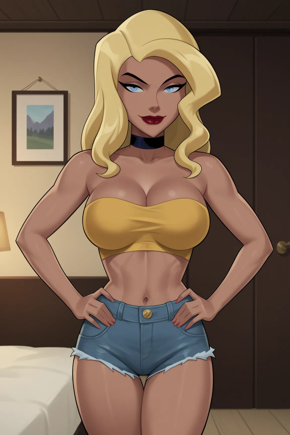 PonyXLV6_Scores BREAK ((parody), perfect anatomy, perfect eyes, cowboy shot) BREAK dinah lance, choppy bob hair, blond hair, blue eyes, dark-skinned female,  ((looking at viewer)), choker, cleavage, yellow tube top, yellow jean shorts,  large breasts, curv...