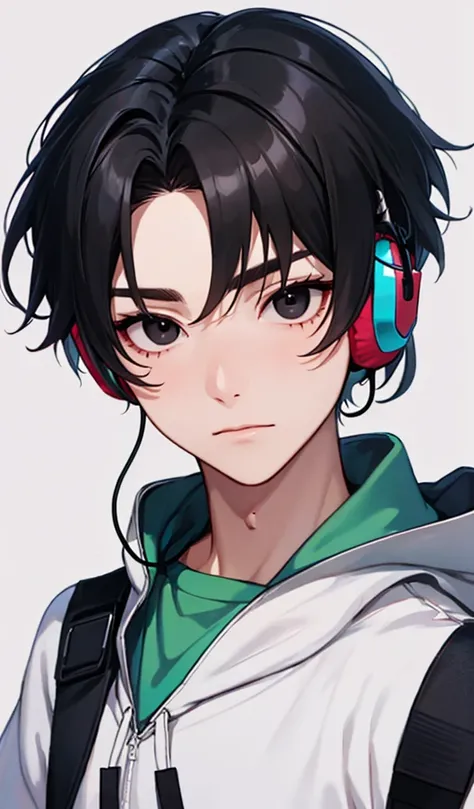 a close up of a person wearing headphones and a vest, Boy with black hair and black eyes, Korean, neutral, peinado Korean, sueter, big eyes,  White Sweatshirt, hoodie blanca