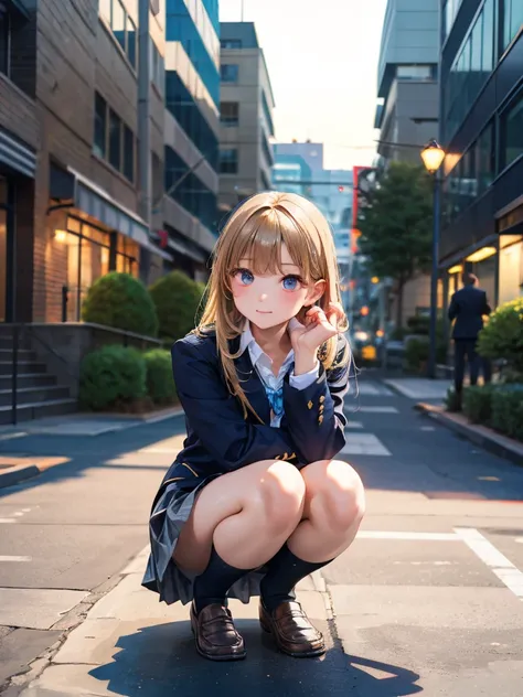  straight hair ,blond with a big face, squatting position,  dark blue blazer uniform,  white shirt ,   Grey Skirt ,  panties ,  Midnight ,  Outdoor Urban Environment  , natural light, Casual atmosphere ,  front view, Deep depth of writing ,    balanced exp...