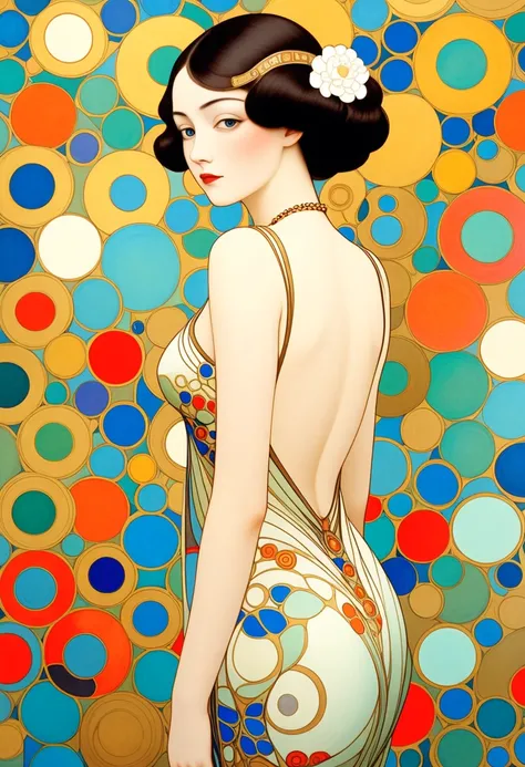 Masterpiece Painting, Wonderful,  Elegant and Sensual Women ,  Gustav Klimt :  art nouveau style, George Barbier : art deco style, Paul Klee:  Abstract Style , ,beautiful Japanese woman, from back,