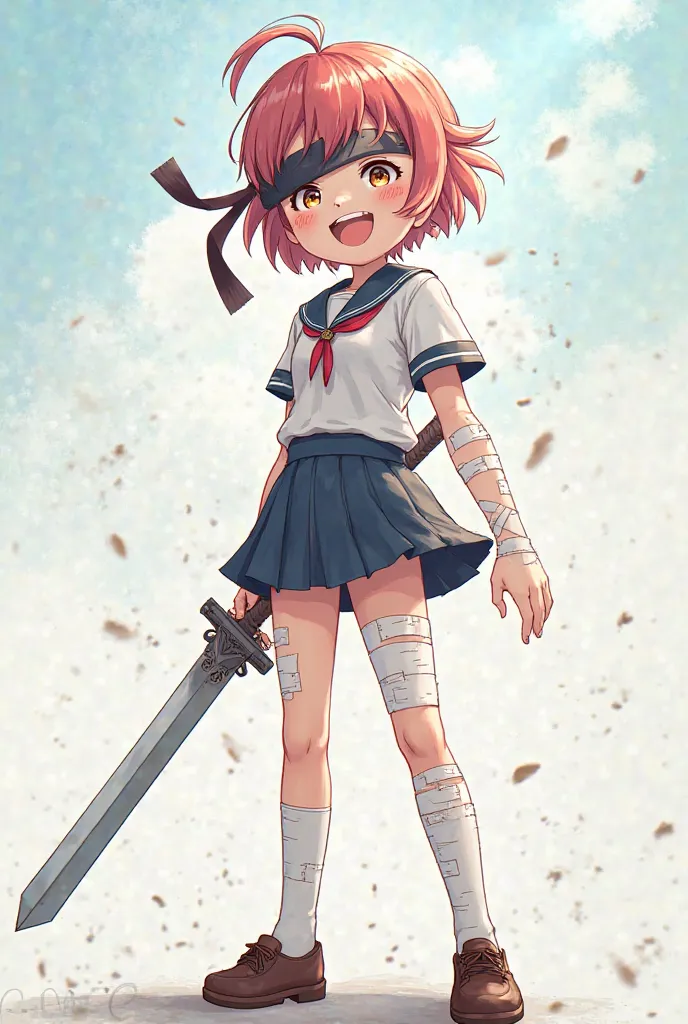 schoolgirl, cheerful, smiling, standing, blindfold, cute, light atmosphere,sword, many bandages, , 