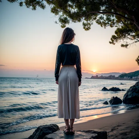 There is a woman standing on a rock, gazing at the sea. Photo by Tadashige Ono, pixabay, happening, gazing at the sea by the sea, back pose, standing with her back to us, beautiful girl on the horizon, girl gazing at the ocean waves, standing near the beac...