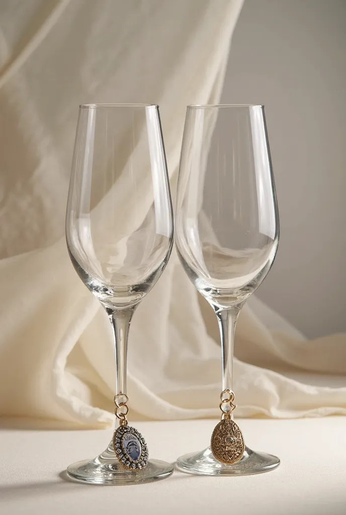 Two wine glasses with jewelry tags on their base or foot