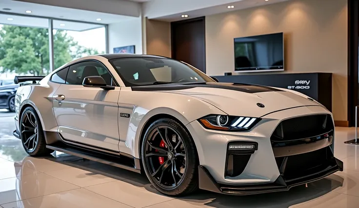 side front view of painted white with shiny clour 2025 Mustang Shelby GT500 sleek in large shape Sedan in large size with Mustang Shelby GT500 logo on its large detailed grille in shiny black clour with angular sporty design captured from close side front ...