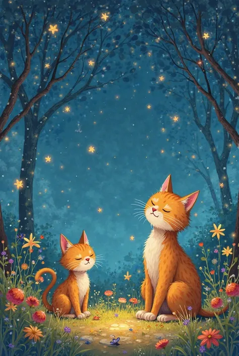 Title: "The Stars of My Dad"

Page 1: Happiness
- Cartoon 1: a small cat , llamado miau, plays happily in a garden full of flowers. Your dad, an older cat named Don Gato, looks at him with a smile.
- Vignette 2: miau y Don Gato están juntos, building a car...