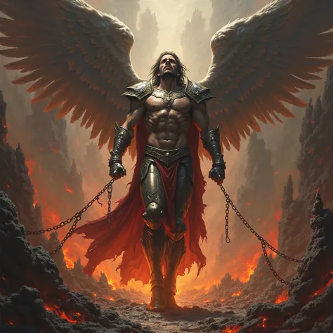 An image of the archangel Michael chained to Satan In Hell 