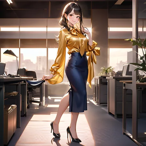 A photorealistic full-body shot of a stunning 24-year-old Japanese woman with semi-long hair, radiating the refined beauty of a movie actress. She embodies a confident office lady, wearing a navy blue, form-fitting business suit. She has a gentle, serene s...