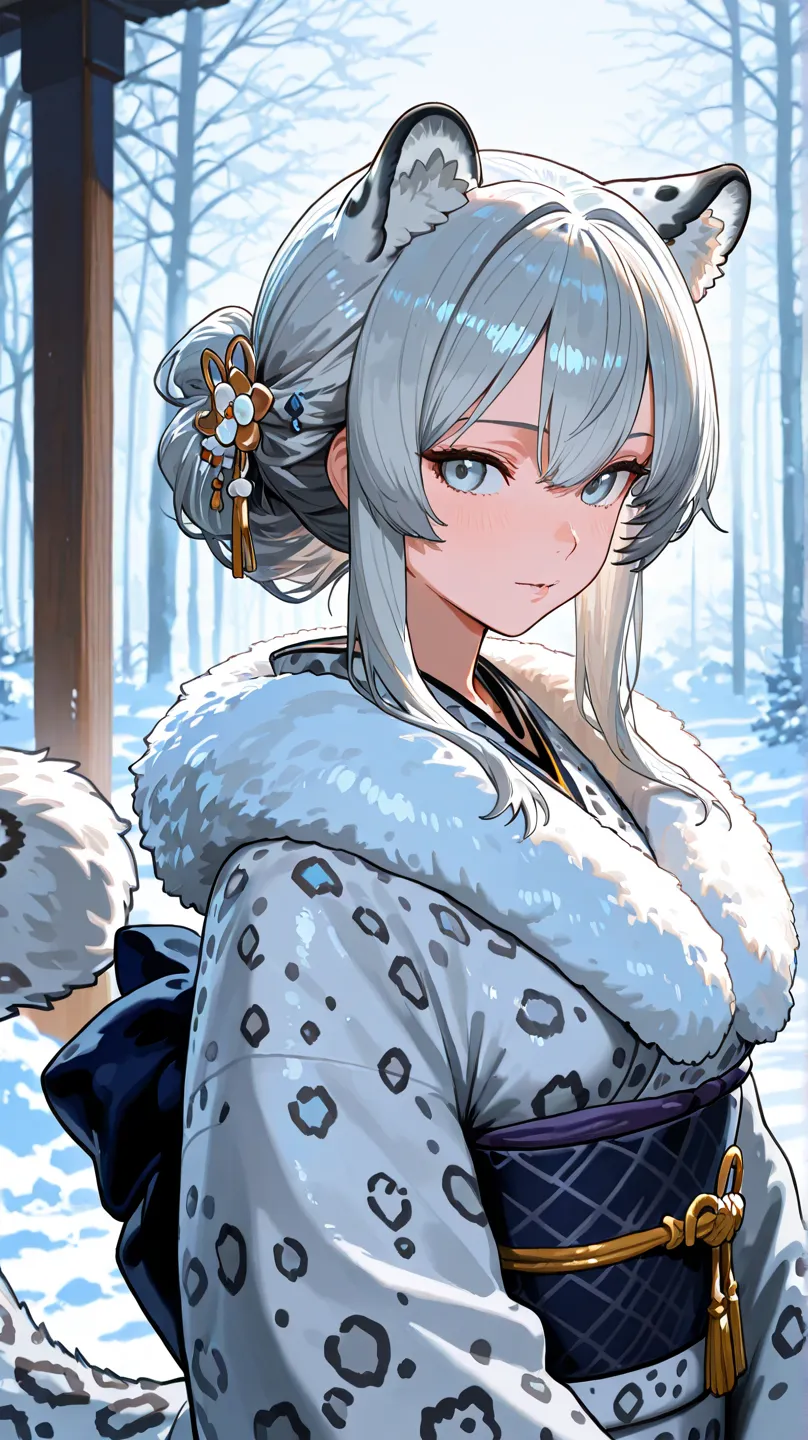 Snow panther fur、Fluffy in the ear、One person、 girls on the left、 Silver Hair、Snow leopard ears、Snow leopard tail、hair ornaments close to the garden、long hair、half up、 kimono、 standing picture