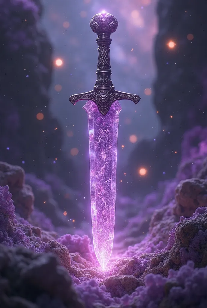 A knife weapon made entirely of purple crystal. Floating galactic dimensional elements