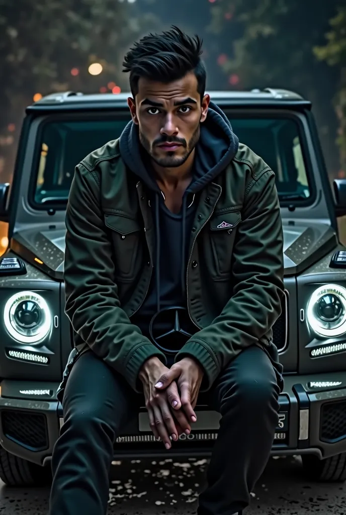 Take me a photo of a guy, sitting on the hood of a Mercedes-Benz G-Class.  Russian-looking guy , 24 years old,  skin color dark ,  hair color black , brown eyes Super realistic photo. the light around is dark 