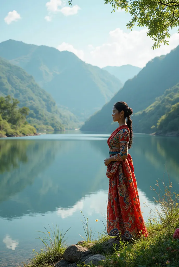 **Shan State Landscape**  
   "In the beautiful hills of Shan State, a Shan woman dressed in traditional attire stands by a serene lake. The background showcases green mountains and a clear blue sky."