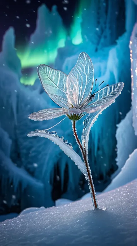 Ice Land、One ice flower is blooming from a rift in the ice、An ice butterfly flying around a flower、 Snowflakes、 auroras、Spotlight、glitter effect to mask,  lens flare, background blur, 