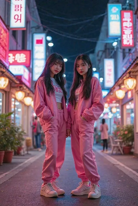 (full length picture) Night life at busy street of south Korea, 2 young beautiful 22 years old girls dressed in pinkish girlish Y2K with expensive girly trainer shoes 