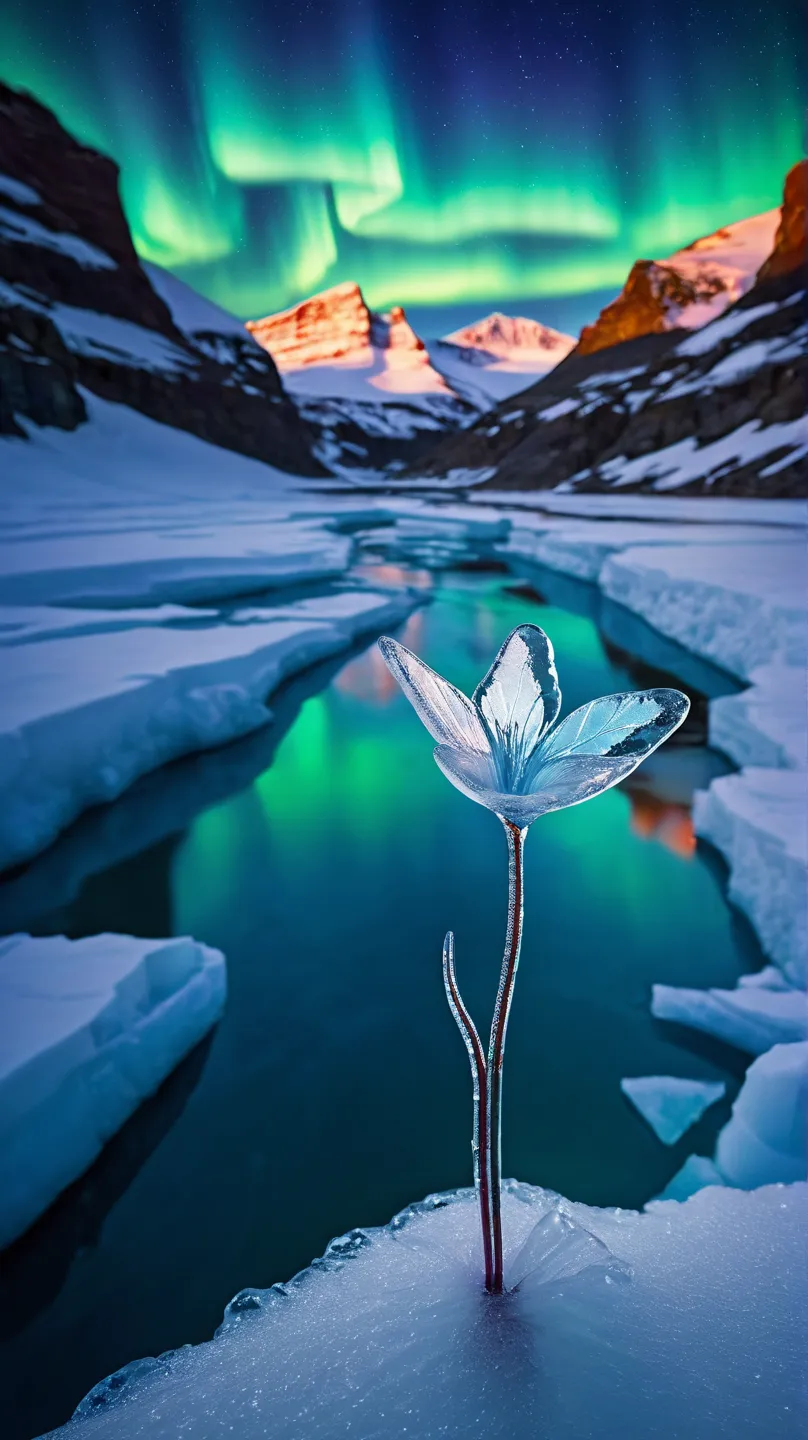 Ice Land、One ice flower is blooming from a rift in the ice、An ice butterfly flying around a flower、 Snowflakes、 auroras、Spotlight、glitter effect to mask,  lens flare, background blur, 