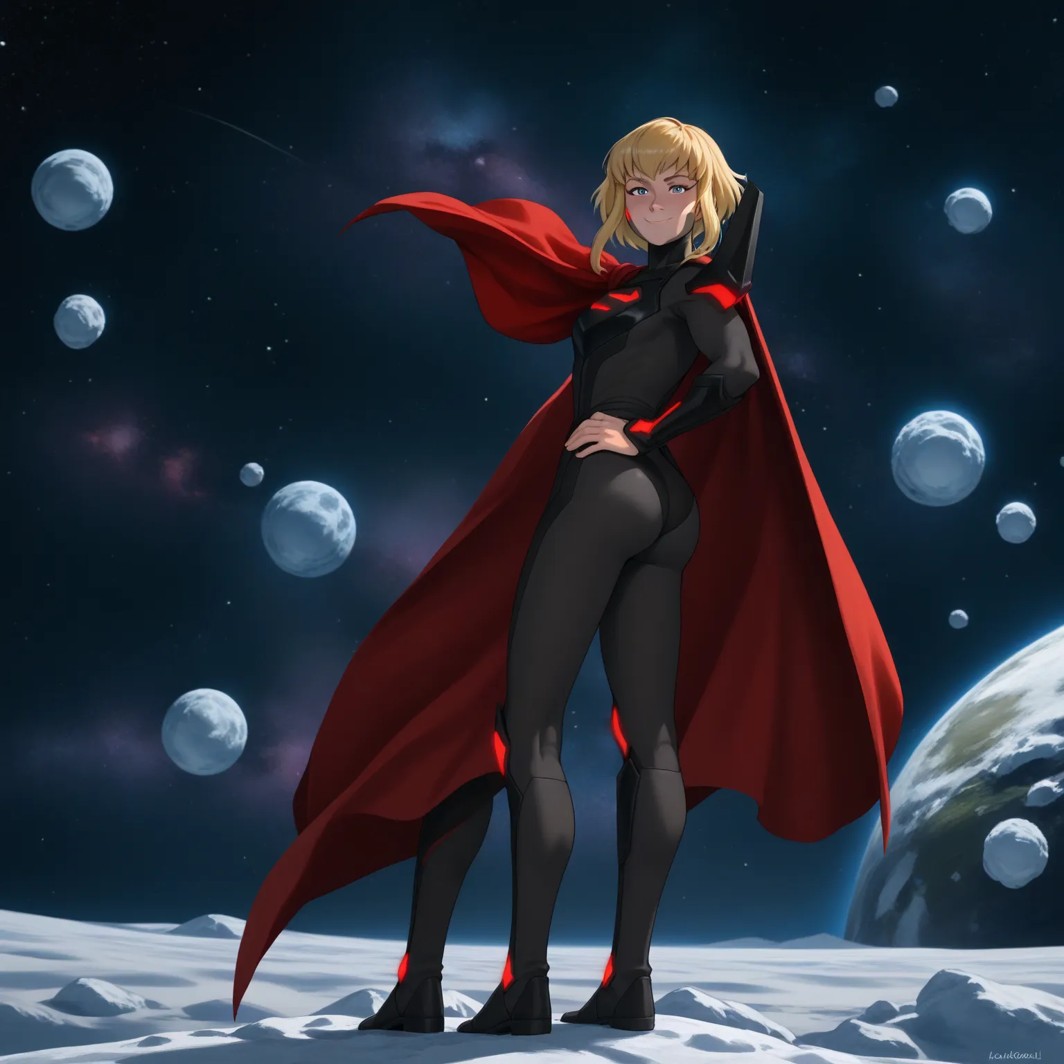  1girl, solo, karazoreldef, short hair, blonde hair, medium breasts, toned, karazorelfit, red cape, red glow, black two-tone bodysuit,two black shoulder armor, looking at viewer, horny, hot, flirty, attractive, teasing viewer, full body, teasing, happy, on...