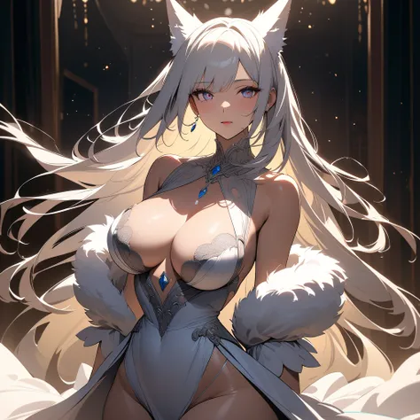 anime style,A girl with long straight hair, (Adult big body),fox ears with a slim body sexy big breast big thigh I would wear a beautiful dress elegant and daring sexy 