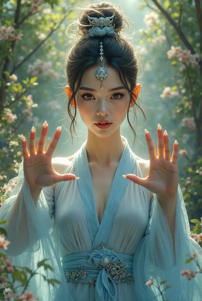 Sexy Beautiful Oriental Magic Beauty，Godless eyes，Sexy beautiful oriental magic beauty wearing light blue outfit，Three Metal Paws Catch Her Mind，background is bright garden