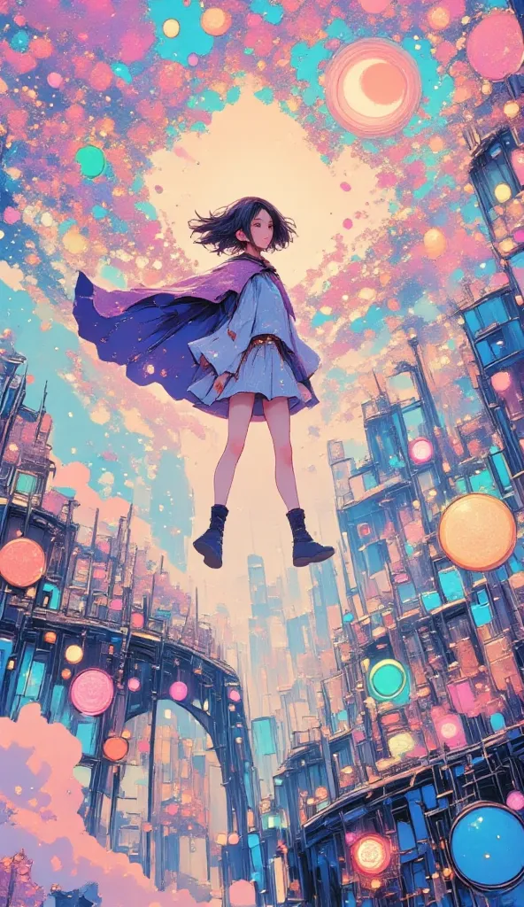 a heroic landing of a super powerful girl, landing pose:1.5, heroic and powerful looking young girl, face with kind and determined features, the cape fluttering, landing softly with a dynamic pose, futuristic cityscape of skyscrapers,  bright lights , dram...