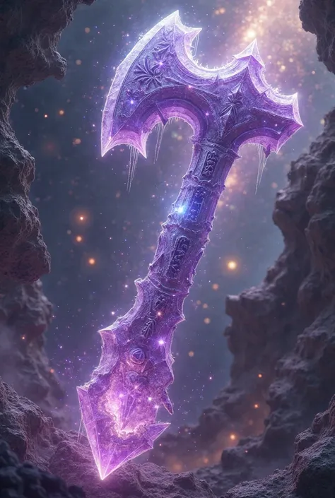 A large ax weapon made entirely of purple crystal. Floating galactic dimensional elements