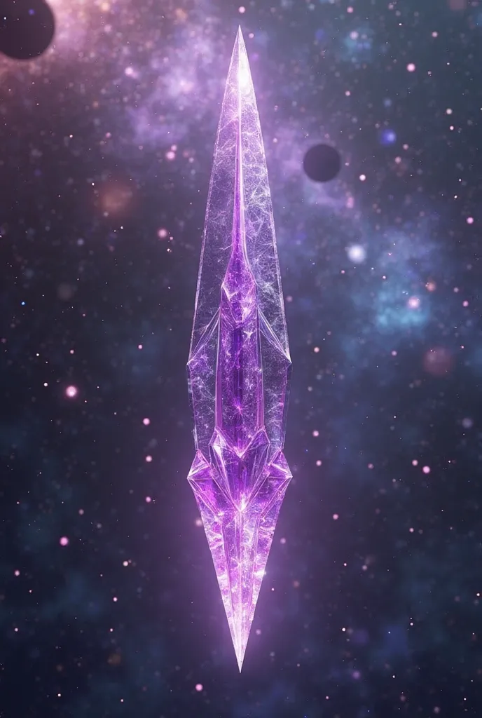 A long spear weapon made entirely of purple colored crystal. Floating galactic dimensional elements