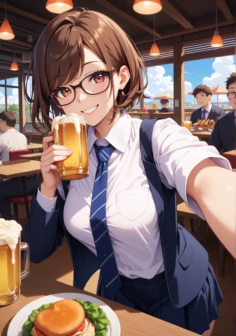 nsfw,5 fat men,one girl,short hair,straight hair ,brown hair,Brown Eyes,swept bangs,smile,Selfie,cloudy, suit, skirt,tie,Restaurant,cheers,meal,Beer ,company