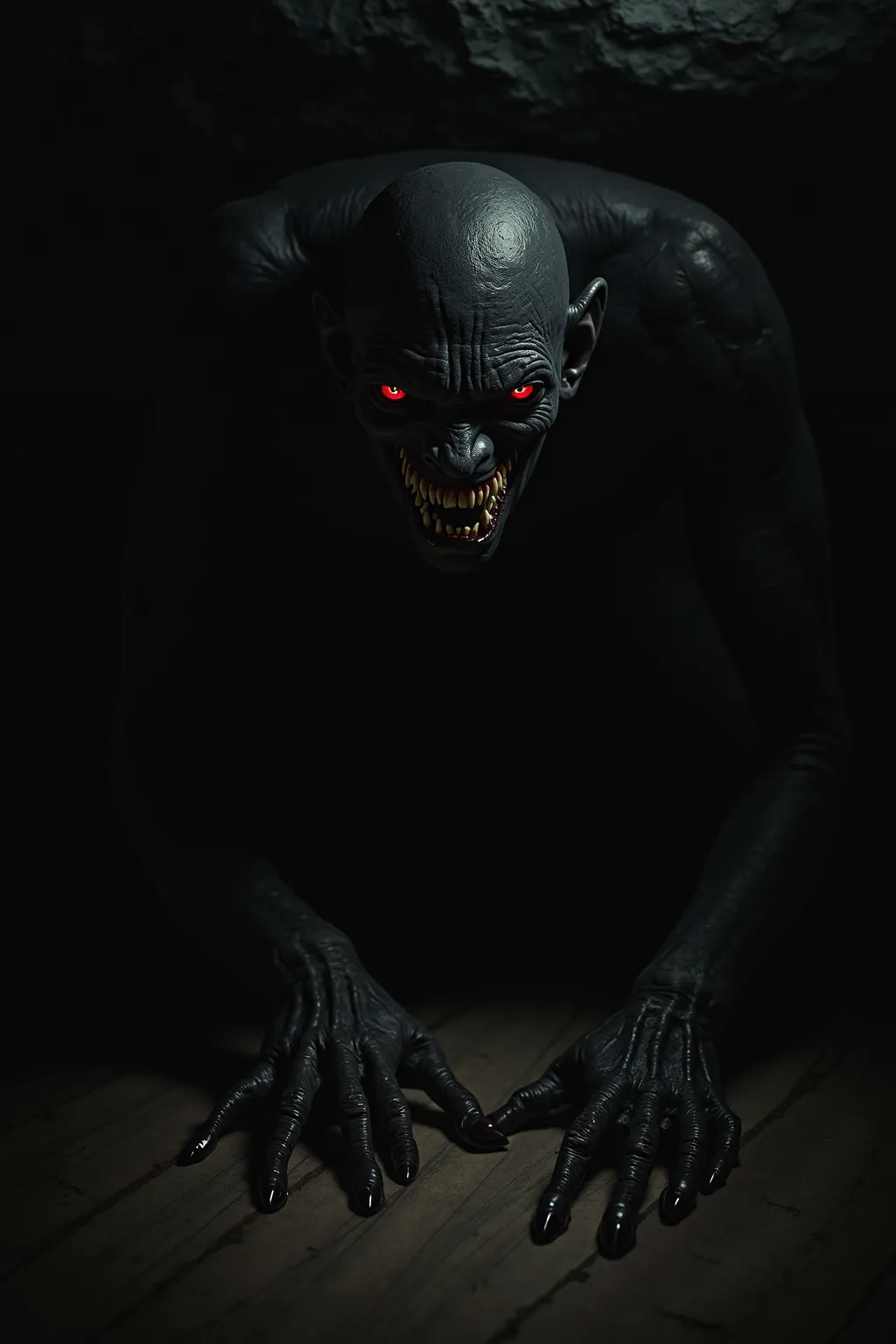 **Prompt:**  
"The bedroom is drowned in absolute darkness, an abyss where light dares not reach. Under the bed, a monstrous demon lurks, its jet-black skin blending seamlessly into the void, making it nearly invisible except for the two burning red eyes t...