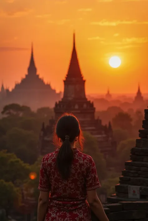 **Bagan Sunset**  
   "In Bagan during sunset, a Burmese woman in a htamein stands near an ancient pagoda, admiring the sunset. The background features the stunning colors of the sunset and historic pagodas."